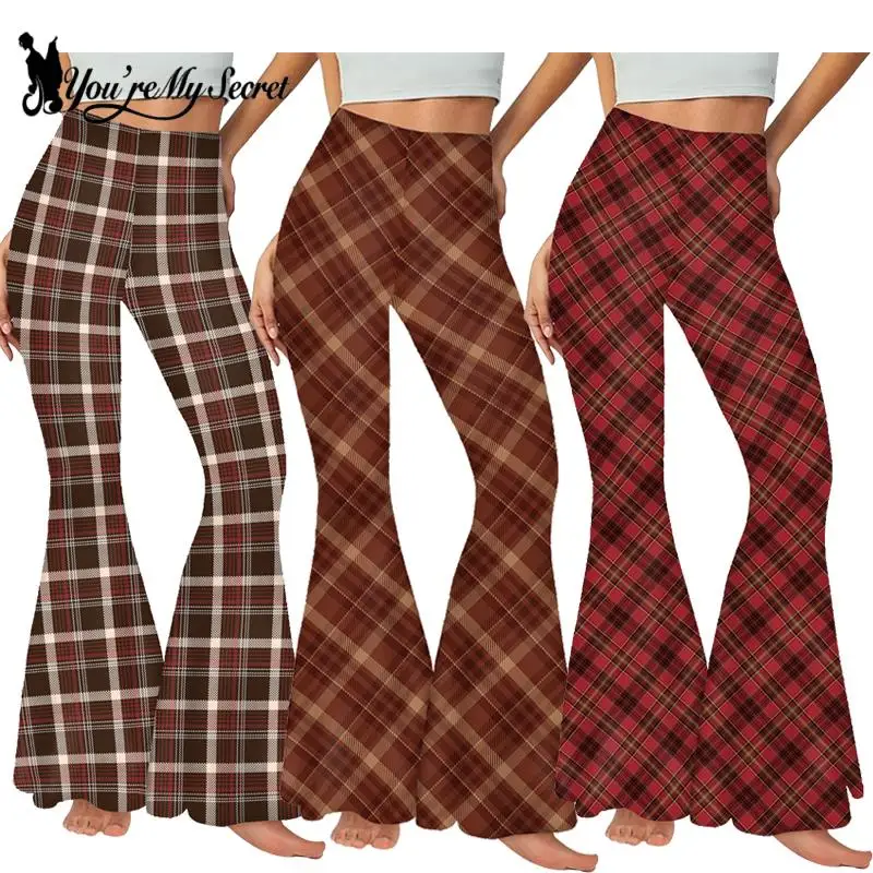 

[You're My Secret] Women Trousers Striped Plaid Printed Bell Bottoms Ladies Streetwear Yoga Pants High Waist Casual Flare Pants