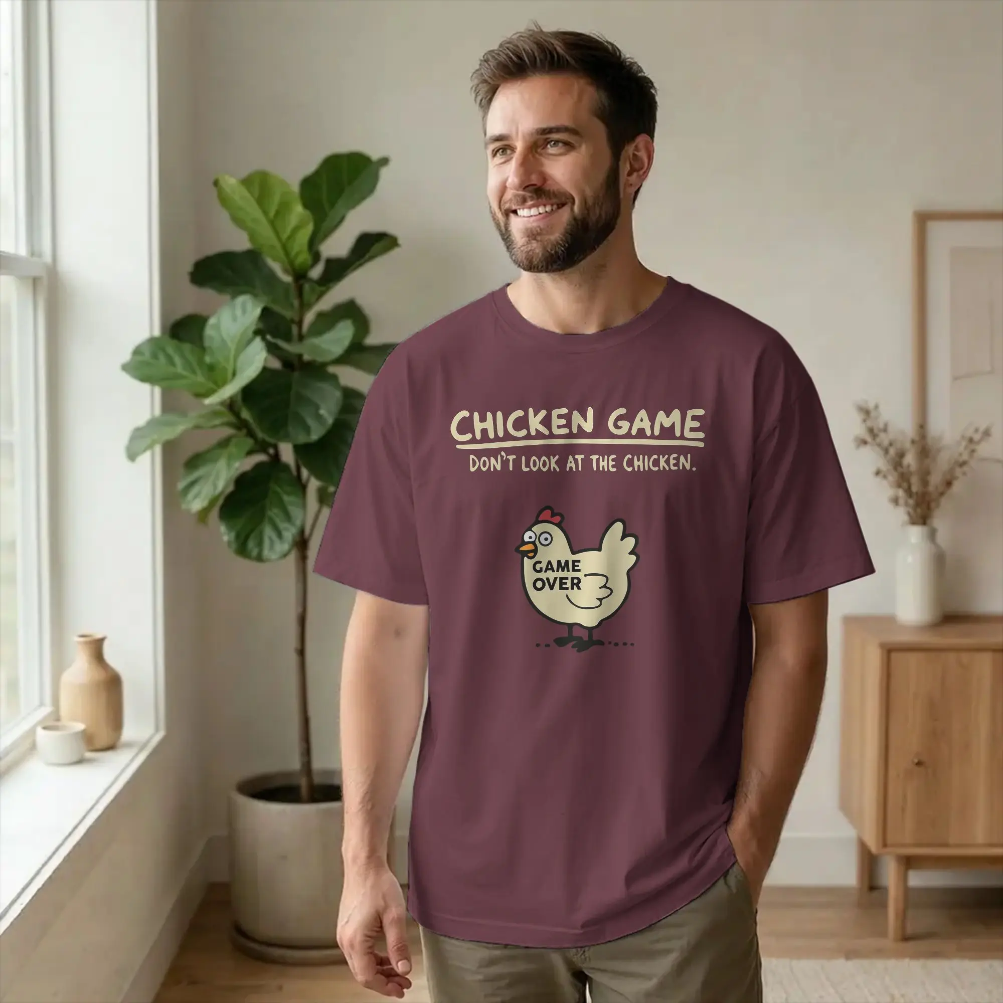 Retro Chicken Game  Tshirts Men's Round Neck Short Sleeve Tops Dont Look At The Chicken  100%Cotton Summer Clothes