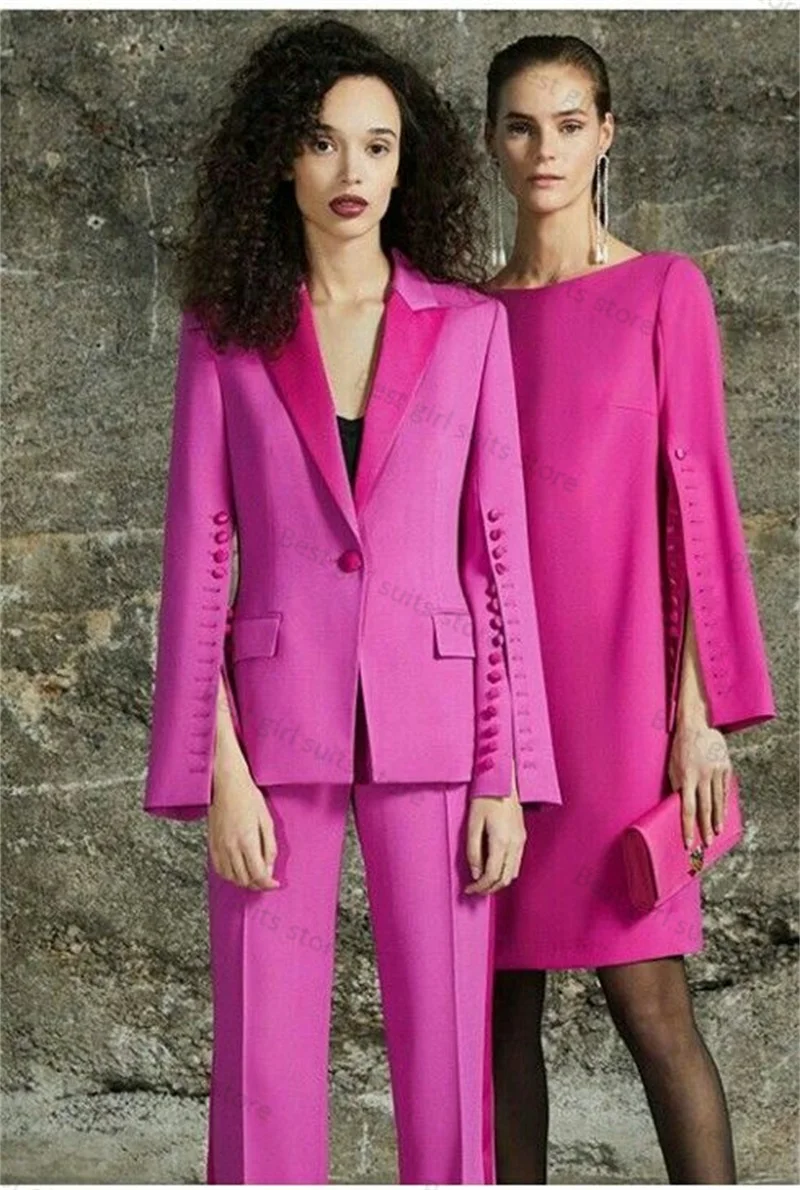 Button Pink Women Suit Set 2 Pieces Blazer+Pants Wedding Tuxedos Formal Elegant Office Lady Jacket Coat+Trousers Tailored Made