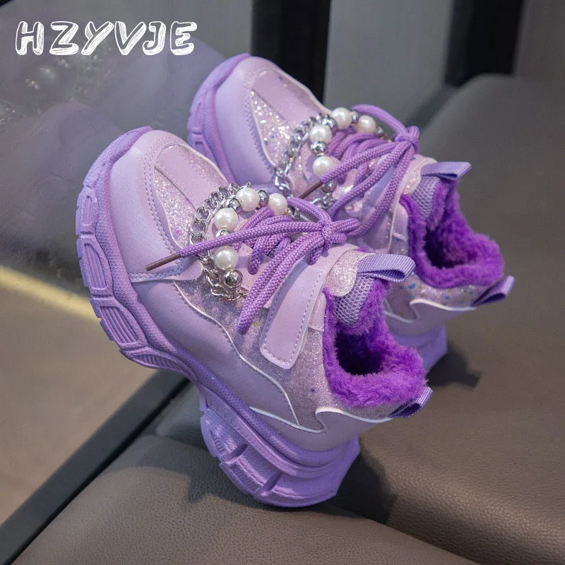 Girls Fashion with Chain Princess Shoes Winter Plush Warm Thick Sole Sports Shoes Middle and Large Kid Casual All-match Sneakers