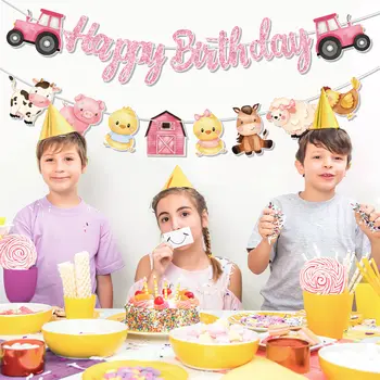 Rosa bondgårdsdjur tema grattis på födelsedagen bokstäver banderoll dra flagga barnens dag babyshower dekoration lada väderkvarn djur 6 best sales Happy birthday animals - №5