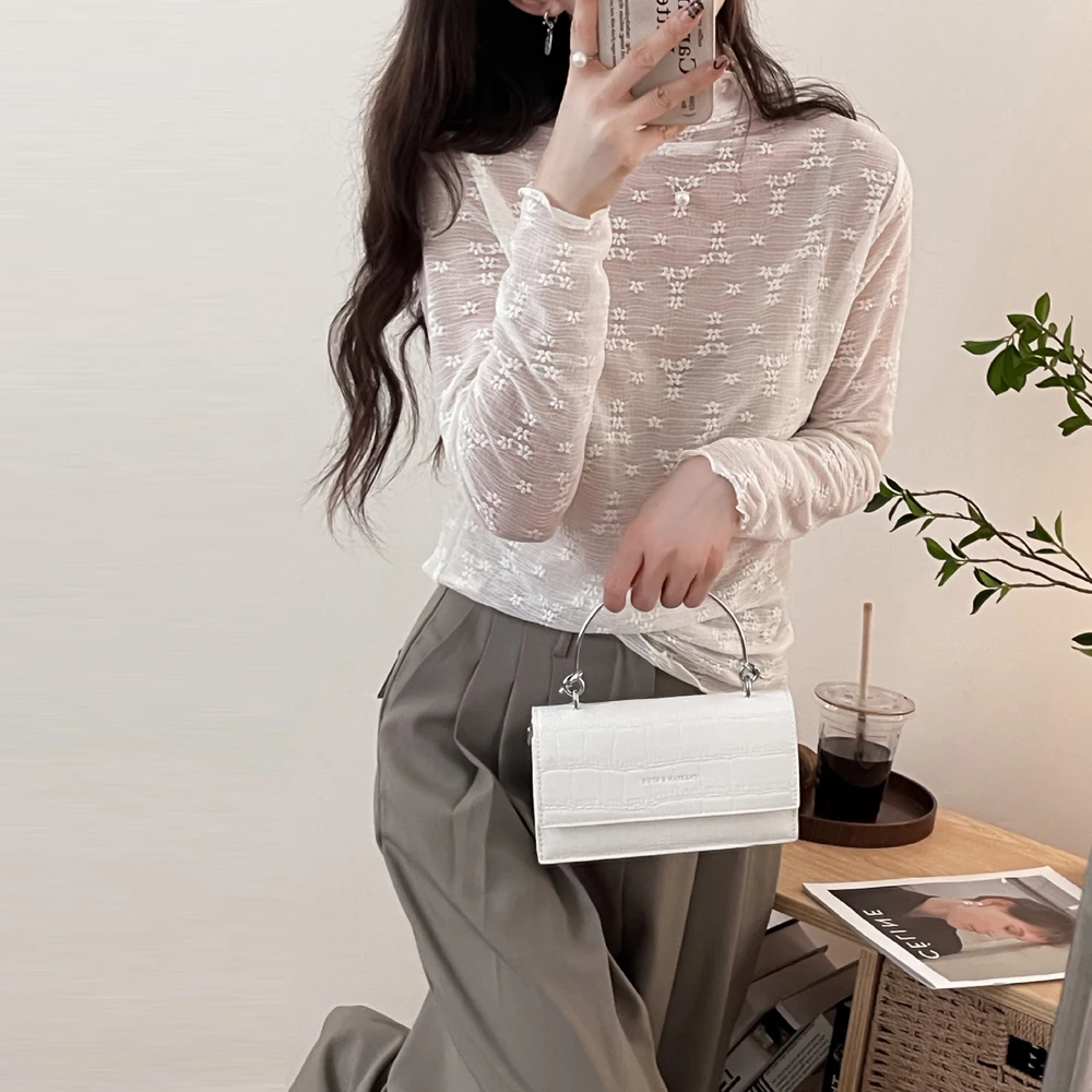 

Women Black Sexy Thin Style Blouse Transparent Long Sleeve High Collar Thin T Shirt Tops Solid Color Lace NettingTulle Elegant