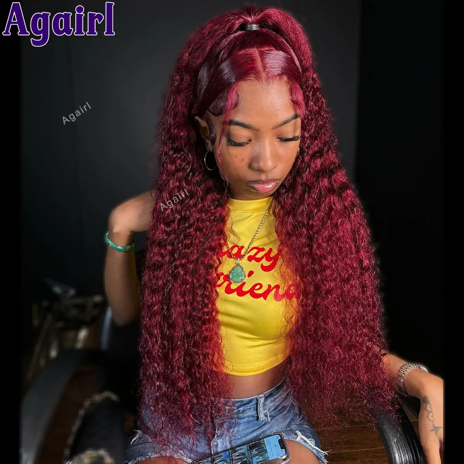 Perruque Lace Front Wig naturelle crépue bouclée rouge foncé, cheveux humains, 13x4, 99J, 13x6, pre-plucked, 200% de densité, pour femmes africaines