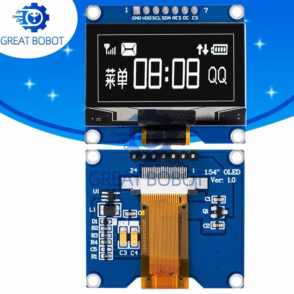 1.54-inch 7-PIN OLED Screen Module: White Blue Display,Driven by SSD1309,Compatible with SSD1306 SPI Interface(128*64Resolution)