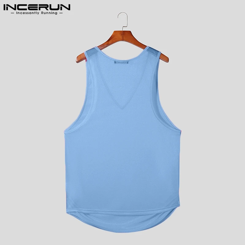 INCERUN Men Tank Tops Mesh Transparent V Neck Sleeveless Sexy Male Vests Summer Streetwear 2024 Solid Color Fashion Men Clothing