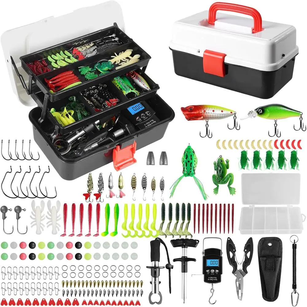 

﻿3 Layers Fishing Tackle Box, 213Pcs Fishing Lures Kit with Small Fishing Tool Kit Containing Weights Scale, Lip Clip, Hook Remo