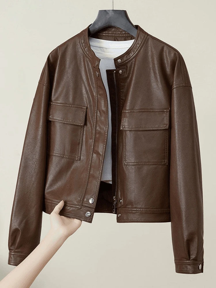 Jaqueta de Couro Feminina Retrô Americana 2025 Nova Casual Estilo Motociclista Hong Kong Tendência Agasalho de Couro