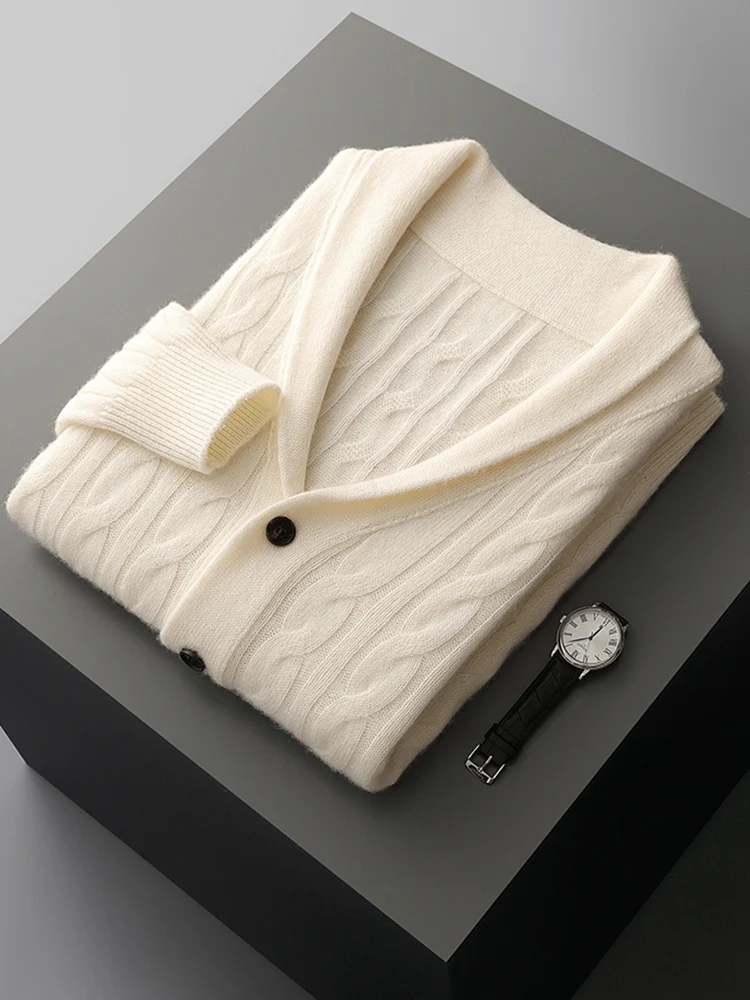 100% Merino Wool Shawl Collar Buttoned Cardigan Knit Cardigan Cashmere Soft Long Sleeves Basic Comfortable Men's Clothing Top