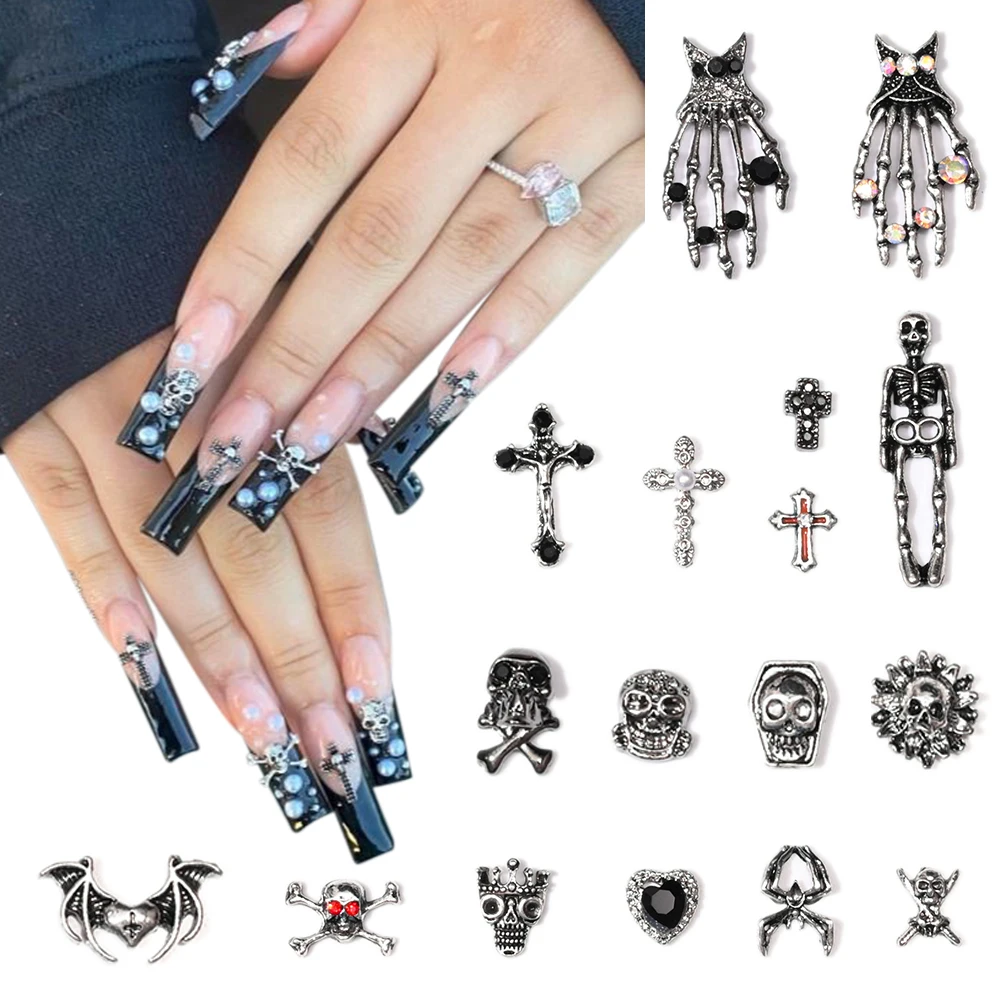 10 Stück Halloween Nagel Zubehör Legierung Spinne Schädel Kreuz 5d Wasser Diamant dunklen Stil DIY Metall Nagel Charme Dekoration # je12