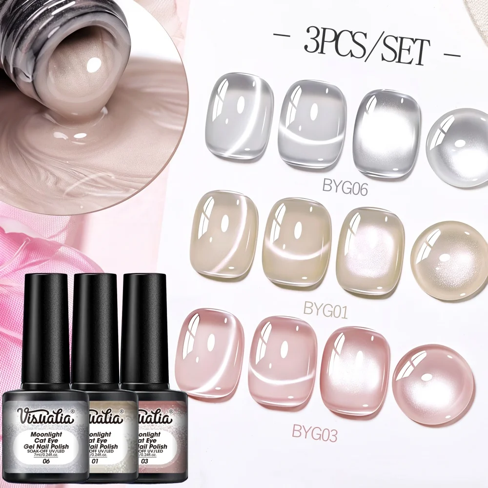 Visuatia Clear Nude Moonlight Cat Eye Nail Polish Gel 3-Piece Set, Gentle Nude Color Combination, Versatile for Commuting, Understated and Elegant Nail Art Creations, Creative DIY Nail Art Set for Nail Art Enthusiasts