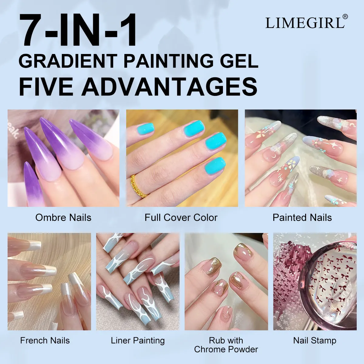 LIMEGIRL 7w1 Zestaw Żeli do Malowania Gradientu 9 Kolorów Gradientowych Szybkoschnący Żel z 50 Gąbkami do Paznokci DIY Zestaw Żeli Kolorowych