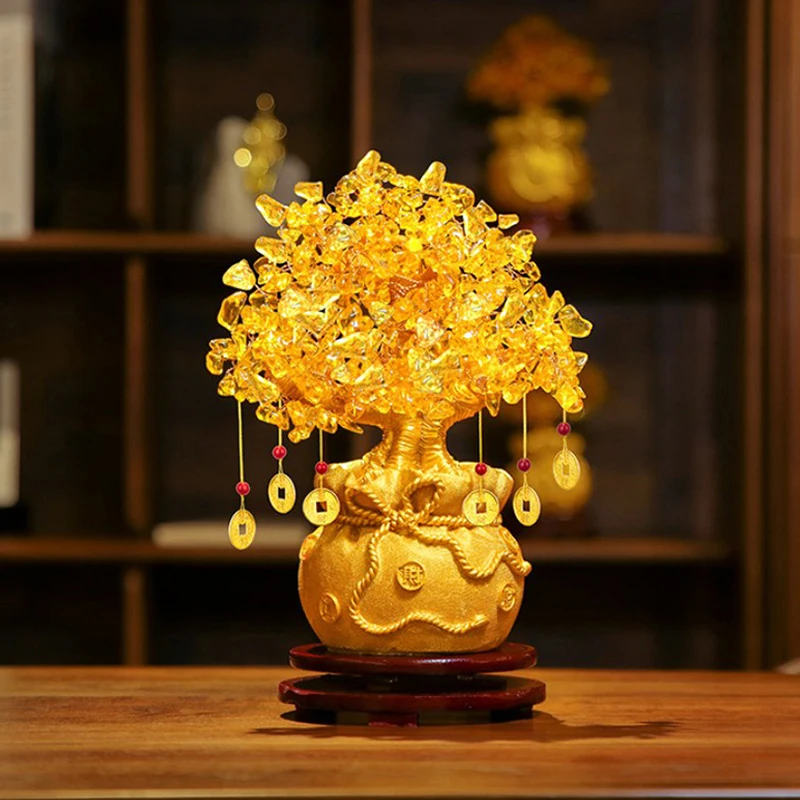 Lucky Tree Wealth Yellow Crystal Tree Natural Money Tree Ornaments Bonsai Style Wealth Luck Feng Shui Ornaments Craft Home Decor