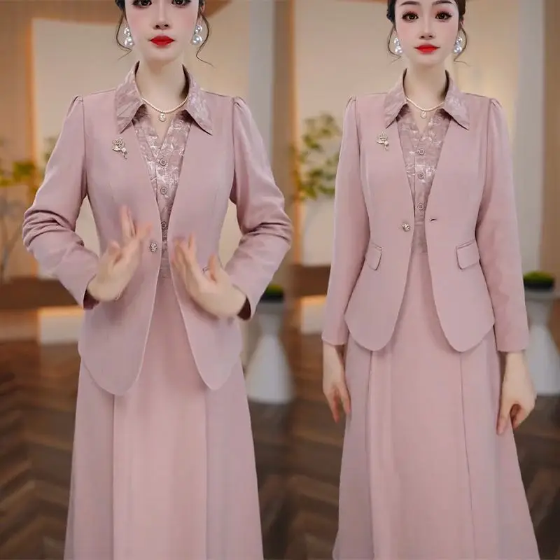 Advanced autumn new set 2025 noble slim fit jacket +lapel print temperament dress elegant two-piece set for women