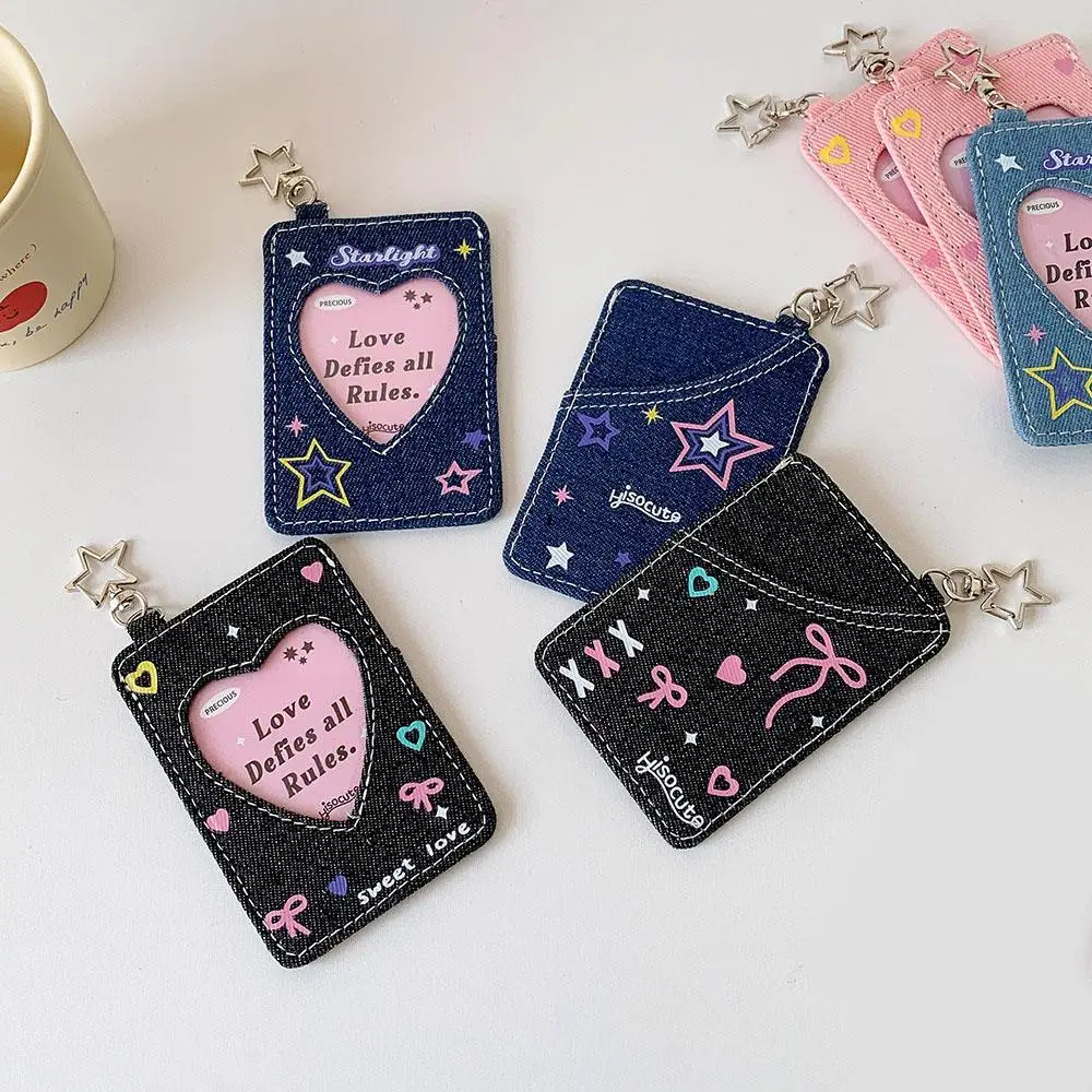 Sweet Heart Idol Photo Card Storage Card Holders Headshot Protective Cover Pendant Denim Id Card Holder Case For School Office