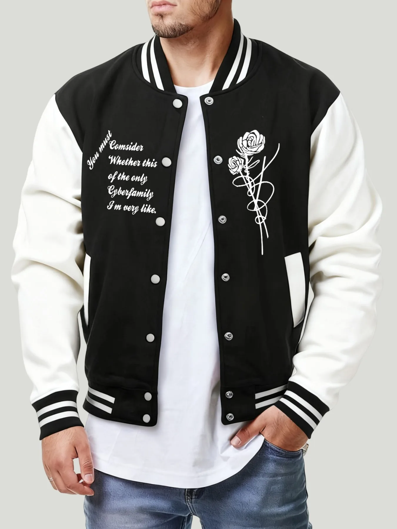 Rose Motivational Statements Pattern Men Jackets Hip Hop Casual Baseball Jersey Fleece Loose Clothes Autumn Coat Vintage Top