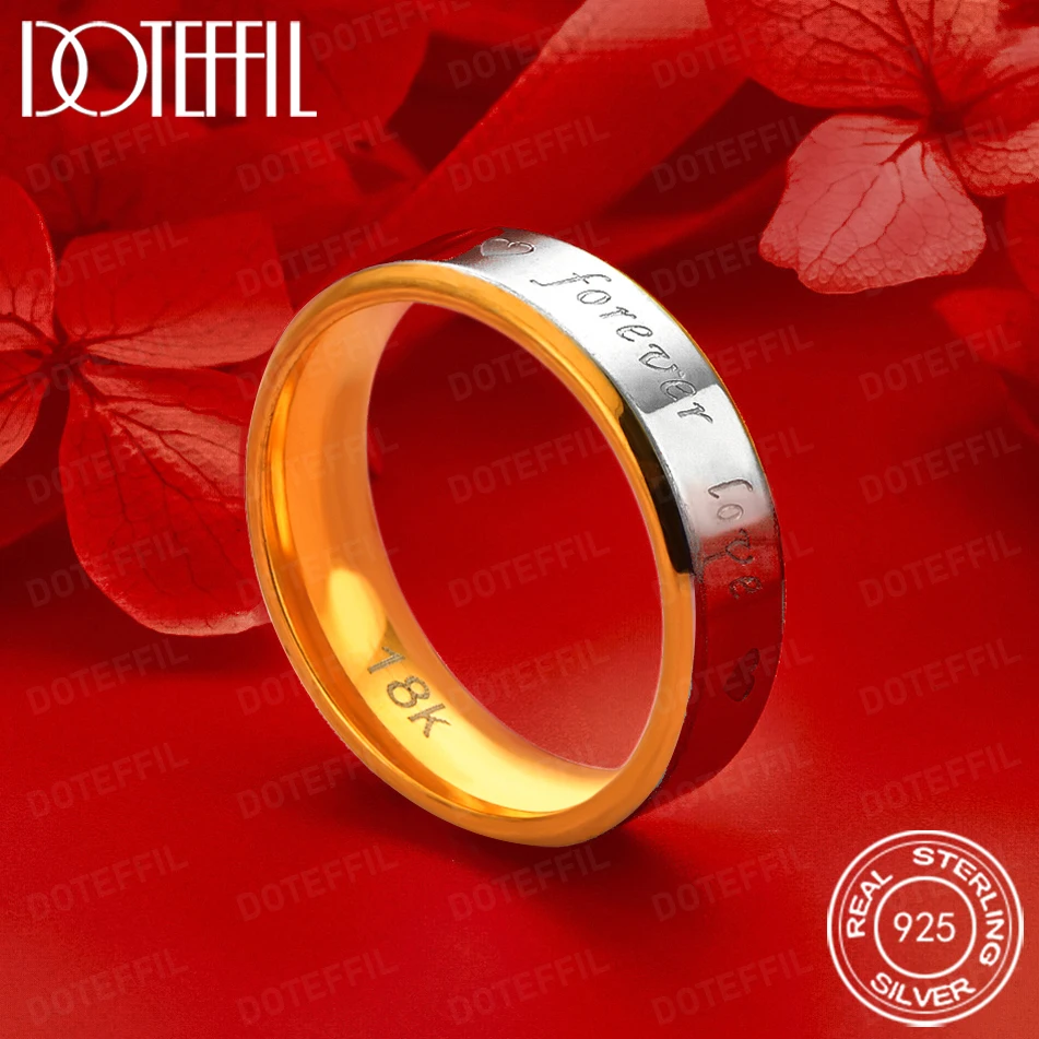 DOTEFFIL 925 Sterling Silver Ring with Gold-Plated Inner Wall 'Forever Love ' Letter Wedding Jewelry