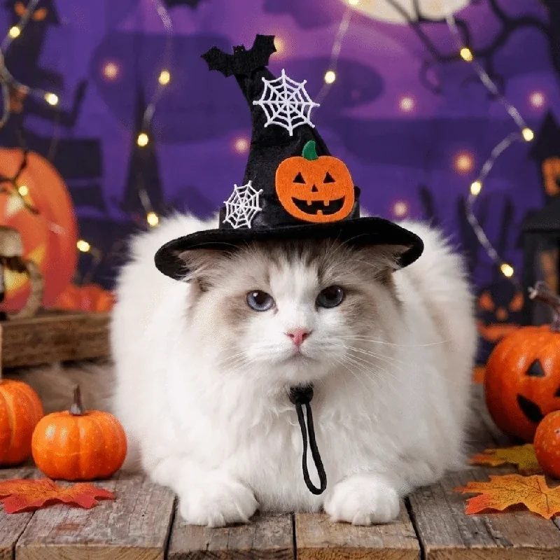 

Cute Adjustable Pumpkin Bell Pet Hat Bow Tie Spider Web Bat Halloween Cat Hat Unique Hairball Dog Wizard Hat Festival Atmosphere