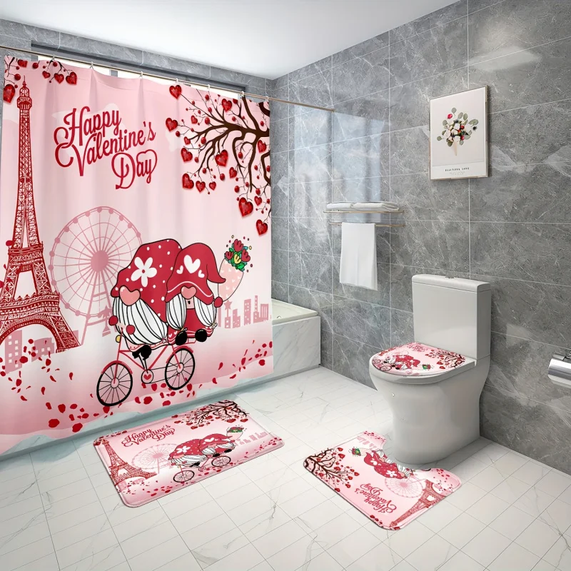 4pcs Diamond Heart Gnome Printed Shower Curtain Set, Waterproof Bathroom Partition Curtain With 12 Hooks, Non-Slip Bath Rug, Toi