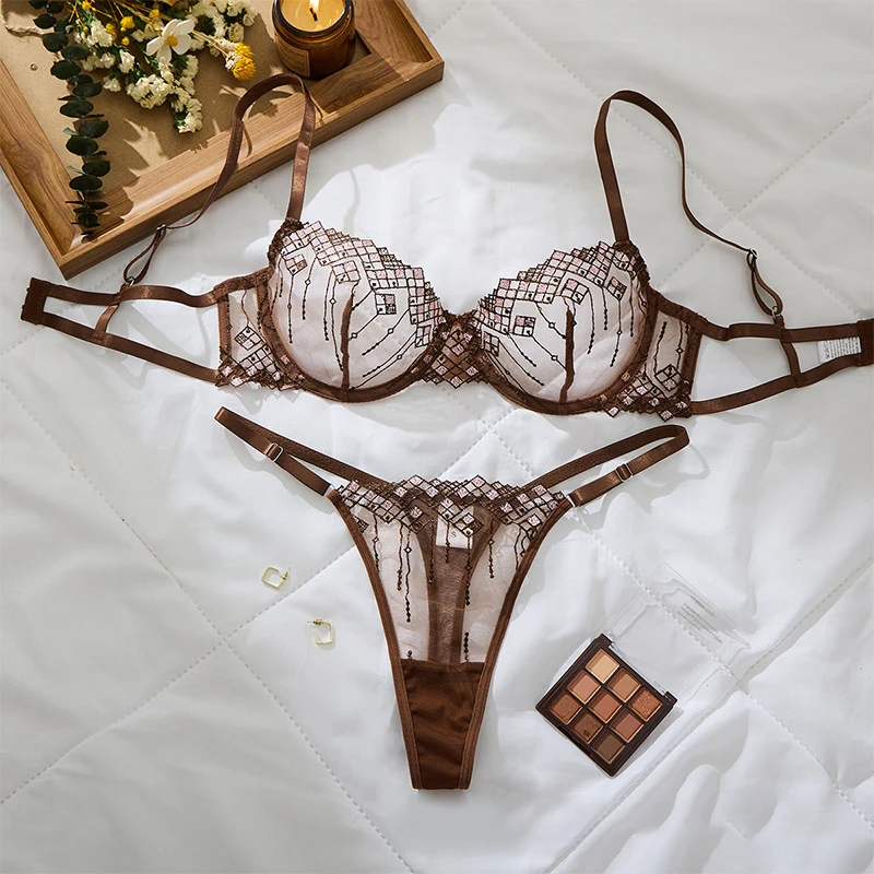 

Sexy Lingerie Women Ultra Thin Bra Panties Set See Through Intimate Hot Lingerie 3-Point Erotic Sets Deep Coffee Tulle Underwear
