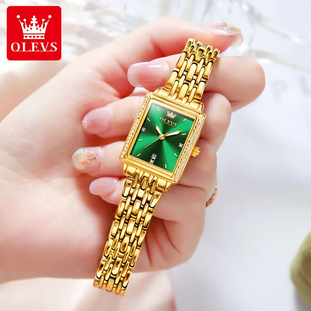 OLEVS Women Watches Fashion Golden Green Stainless Stain Steel Ladies Watch Waterproof Quarzt Wristwatch Romatic Girlfriend Gift