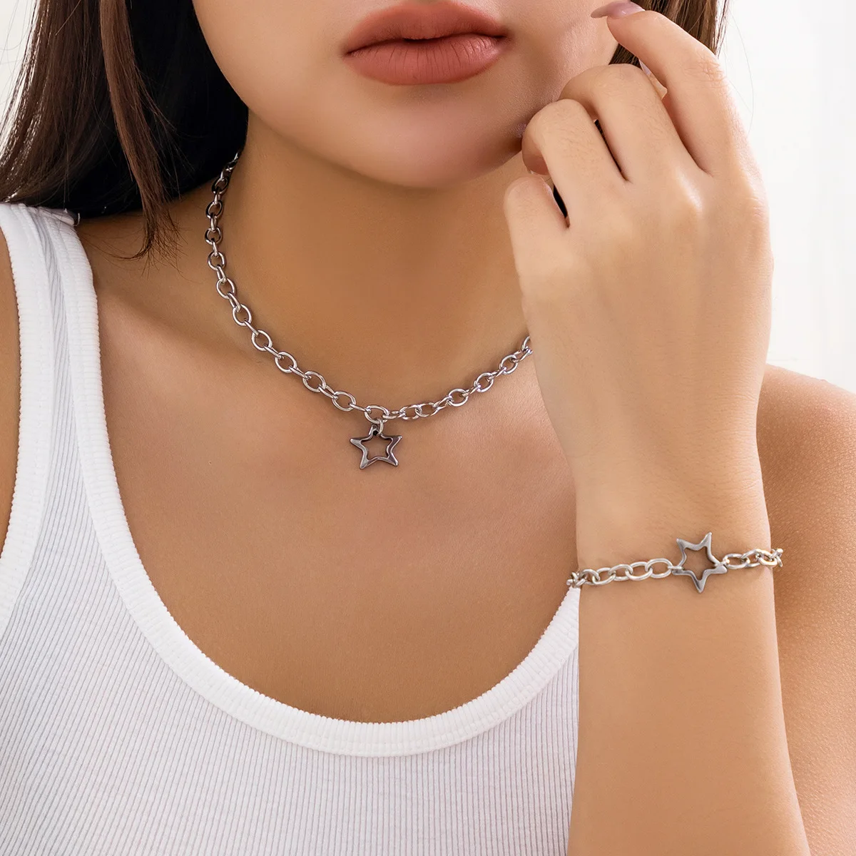 Titanium Steel Star Pendant Necklace Slim Chain Geometric Link Edgy Trendy Jewelry Lightweight Durable for Evening Party