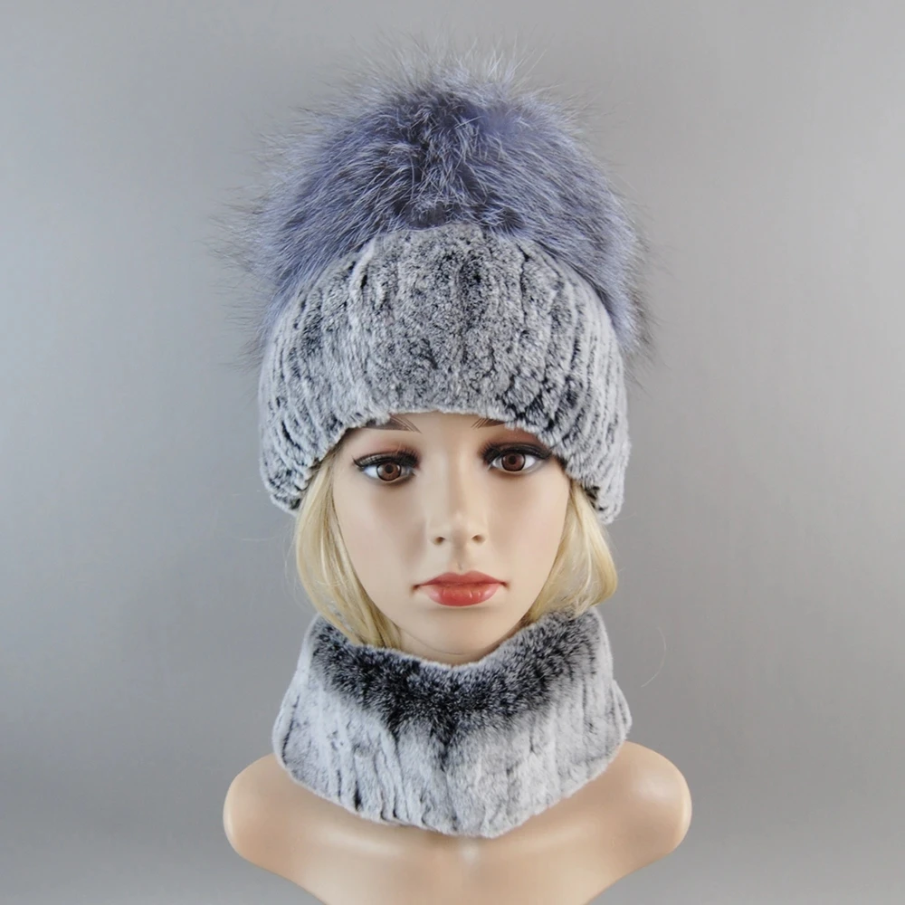 Nuevas mujeres de invierno de lujo Real Rex sombrero de piel de conejo bufanda 2 piezas de punto Rex sombrero de piel de conejo Top Natural gorro de piel de zorro bufandas conjuntos