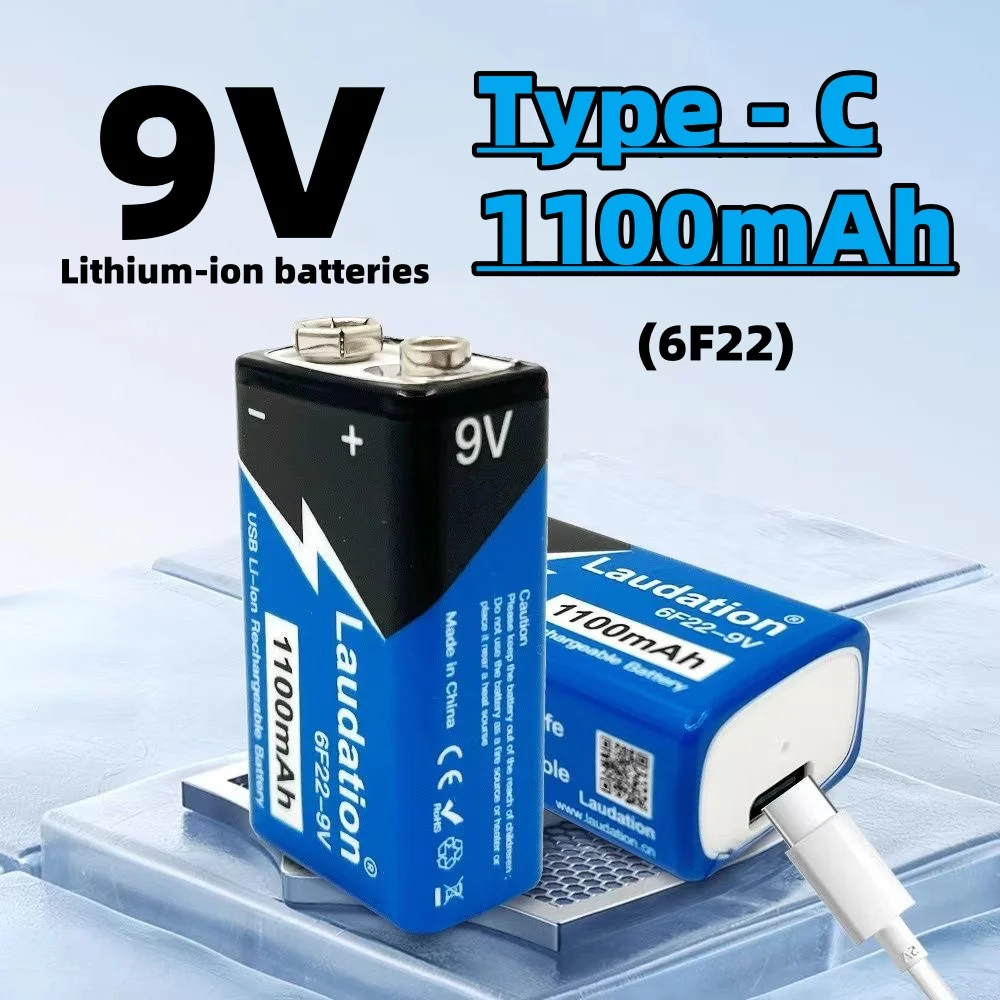 9V 1100mAh Rechargeable Lithium-Ion Battery Type-C 9V Battery for Multimeter Microphone Toy Remote Control KTV Use 6F22