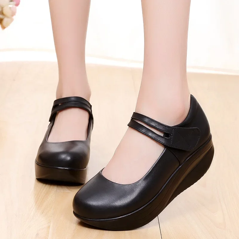 5.5cm Small Plus Size 33-43 Comfortable Leather Shoes Women Mary Janes 2024 Thick Bottom Platform Wedges Shoes Mom Office Dance