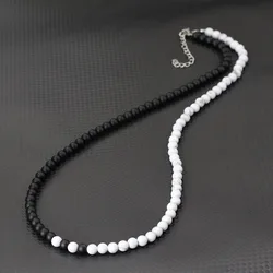 Stylish 6mm Stone Healing Necklace For Men 24 Inches Long Collar Stainless Steel Buckle Black White Yin Yang Bicolor Colar Gift
