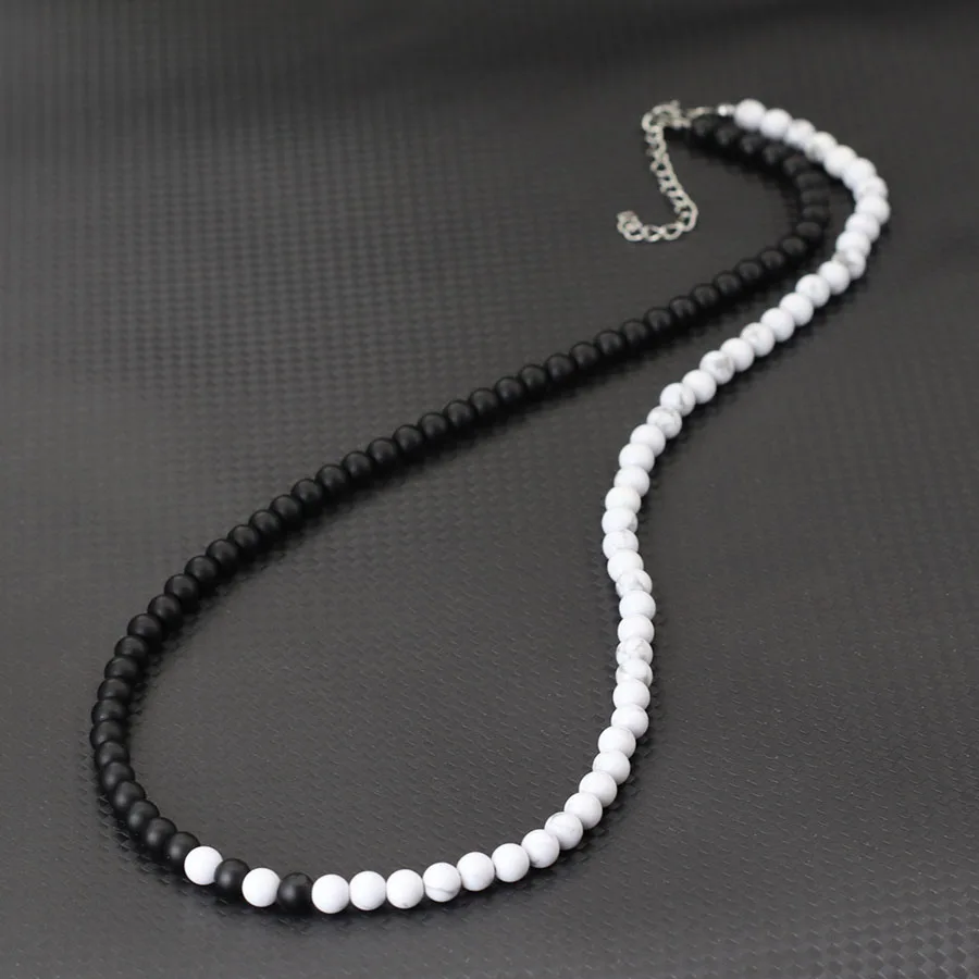 Stylowy naszyjnik z kamieniem 6 mm dla mężczyzn 24 cale długi kołnierz ze stali nierdzewnej Klamra czarno-biała Yin Yang Bicolor Colar Gift