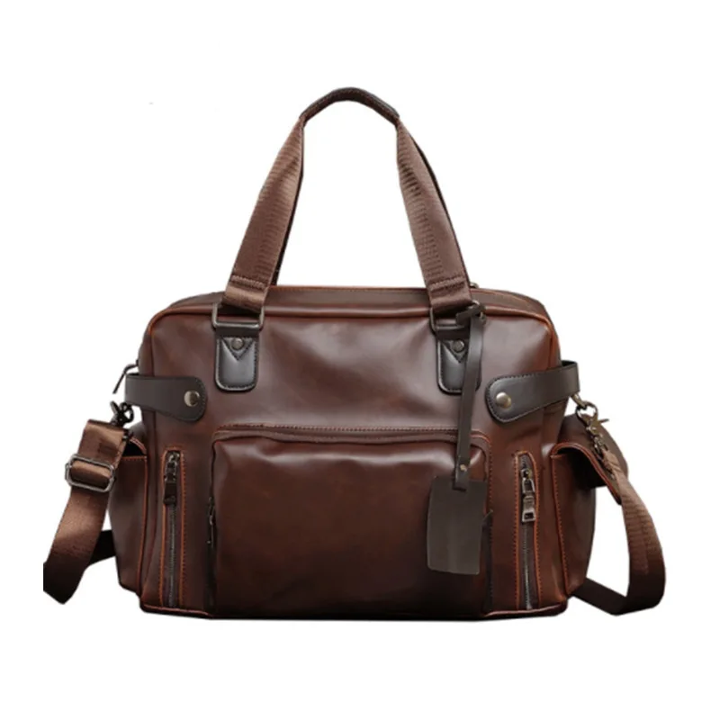 Borsa da viaggio per bagagli a spalla da uomo multitasche per computer da 14 pollici di grande capacità in pelle PU resistente all'usura casual retrò