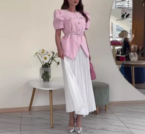 Women\'s Elegant Suits 2024 Summer Autumn Latest Solid New Era Bubble Sleeve Button Pocket Top A-Line Skirt Versatile Skirt Set