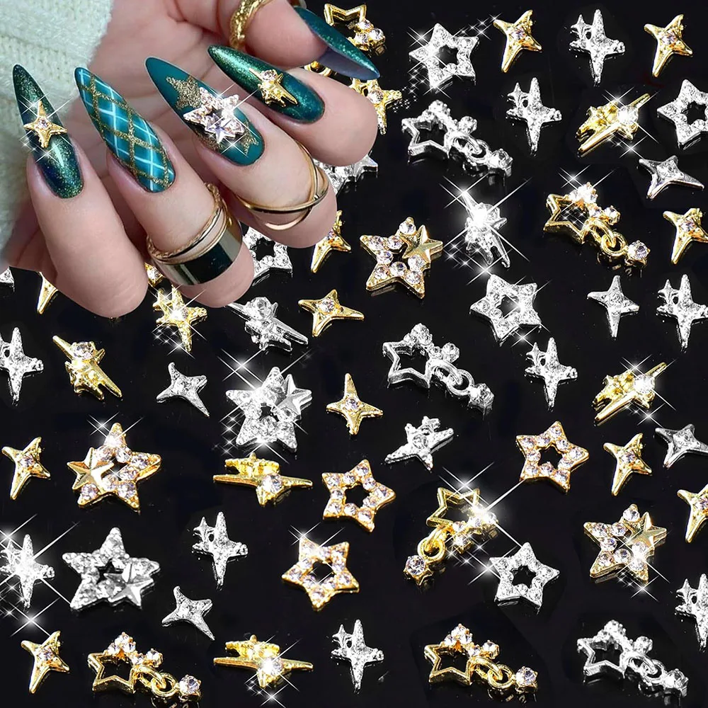 10pcs Gold/Silver 3D Star Nail Charms Hollow out Gems Crystal Decoration for Manicure DIY Shinny Starlight Y2K Supplies Parts