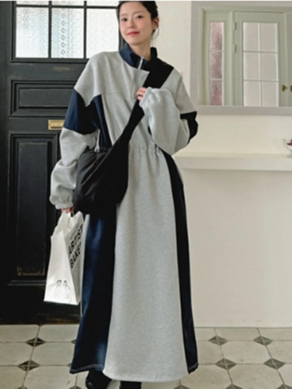 

Женская юбка Pure Poet Long Sve Sweatirt Dr в корейском стиле, длиной до колена, с завязками на талии, утягивающая, с цветными блоками