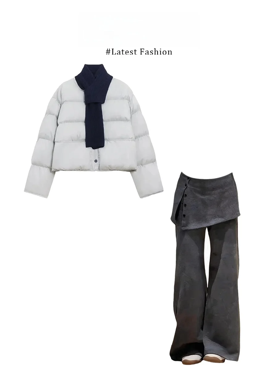 

Милая теплая хлопковая куртка с круглым вырезом, свободные серые женские повседневные брюки, зимняя верхняя одежда, удобная одежда в корейском стиле с длинными рукавами