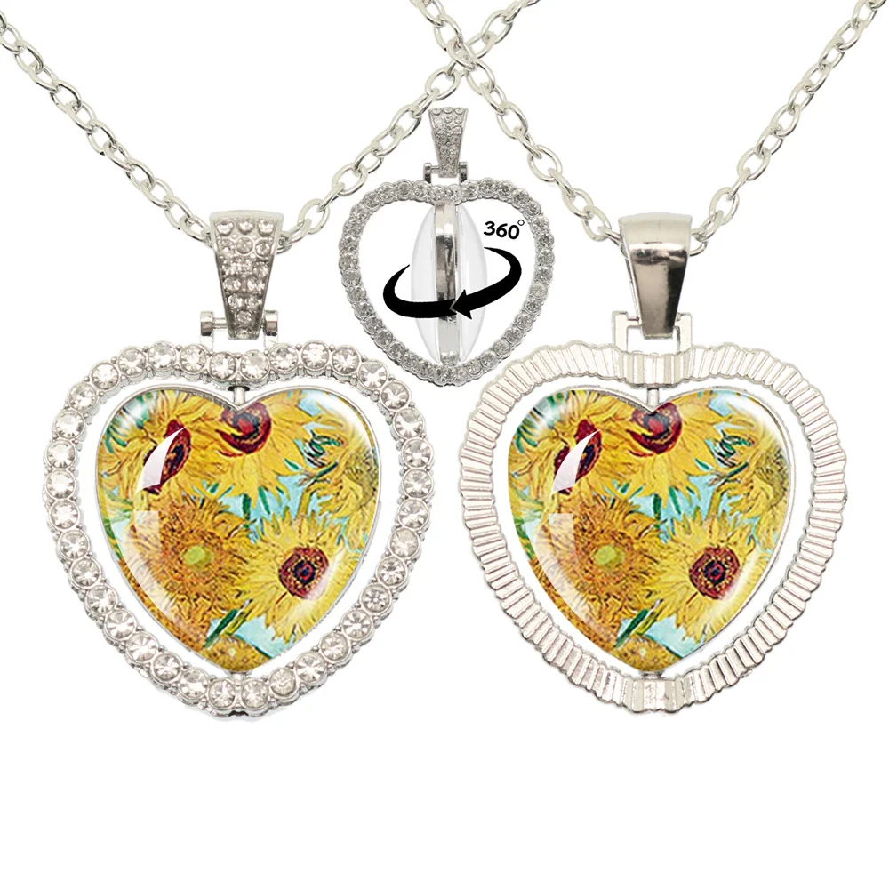 Van Gogh Art Starry Night Sunflower Peach Heart Double Sided 360 Spin Necklace Glass Pendant Printed Photo Necklaces