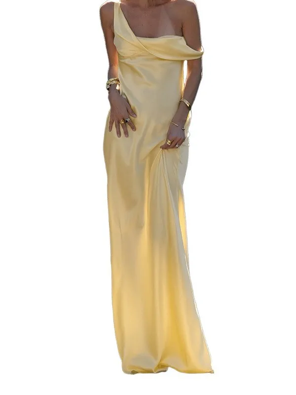 Sexy Slim Fit Satin Long Skirt with Susp Strapl High Waist Polyester Fiber  Dr European Sle  Color