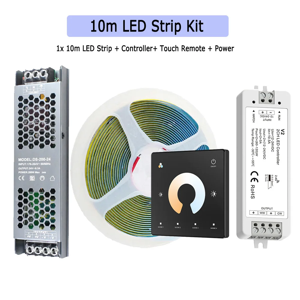 5M 10M 20M COB CCT LED-strip 24V Flexibele hoge dichtheid dimbaar kamerlicht 2.4G RF Touch afstandsbediening Dual White 2700K-6500K