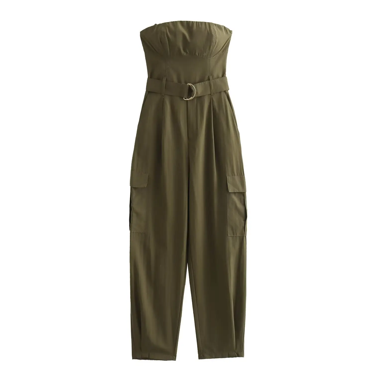 

Women Fashion With Belt ArmyGreen Side Zipper Backless Jumpsuits Vintage Strapless Slash Neck Female Chic Lady Rompers