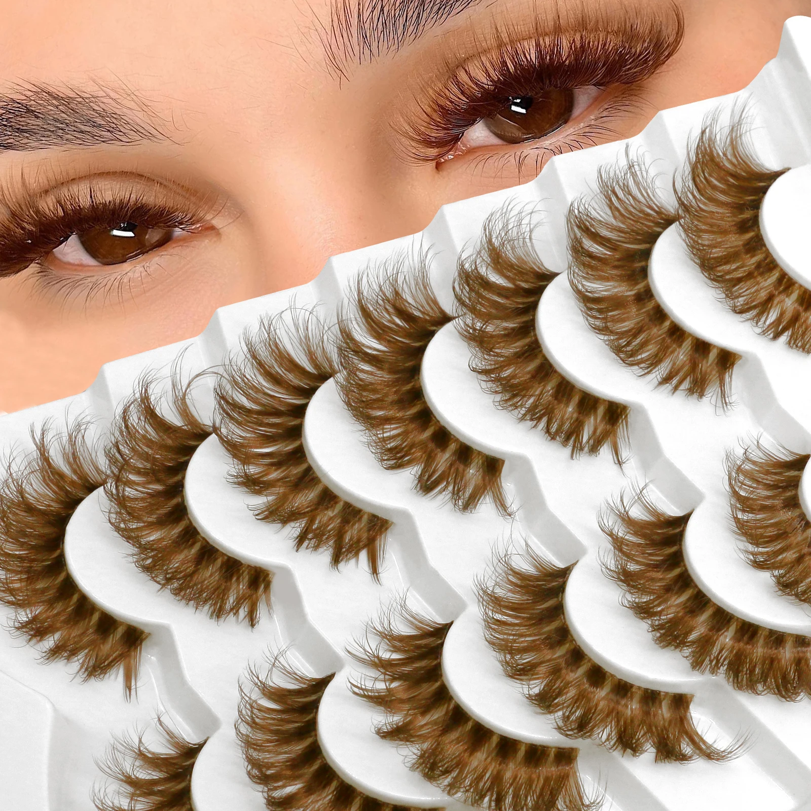 GROINNEYA 5/7 Pairs Brown Lashes Cat Eye Faux Mink Eyelashes Clear Stem False Eyelashes Natural Look Fluffy Lashes Strips Makeup