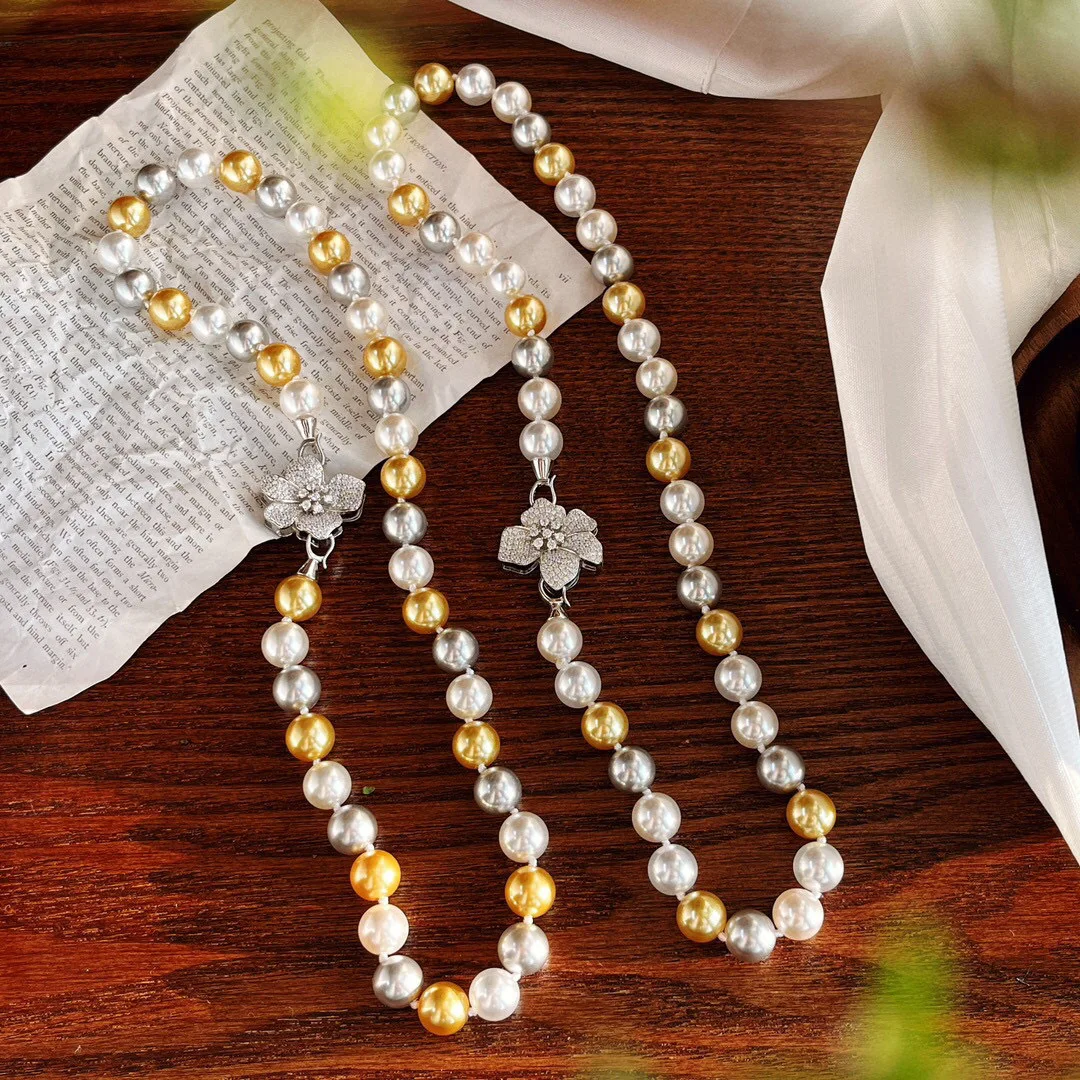 

Luxury micro-inlaid 925 silver buckle, high-end imported craftsmanship high-quality Shijia pearl necklace mixed color bead chain