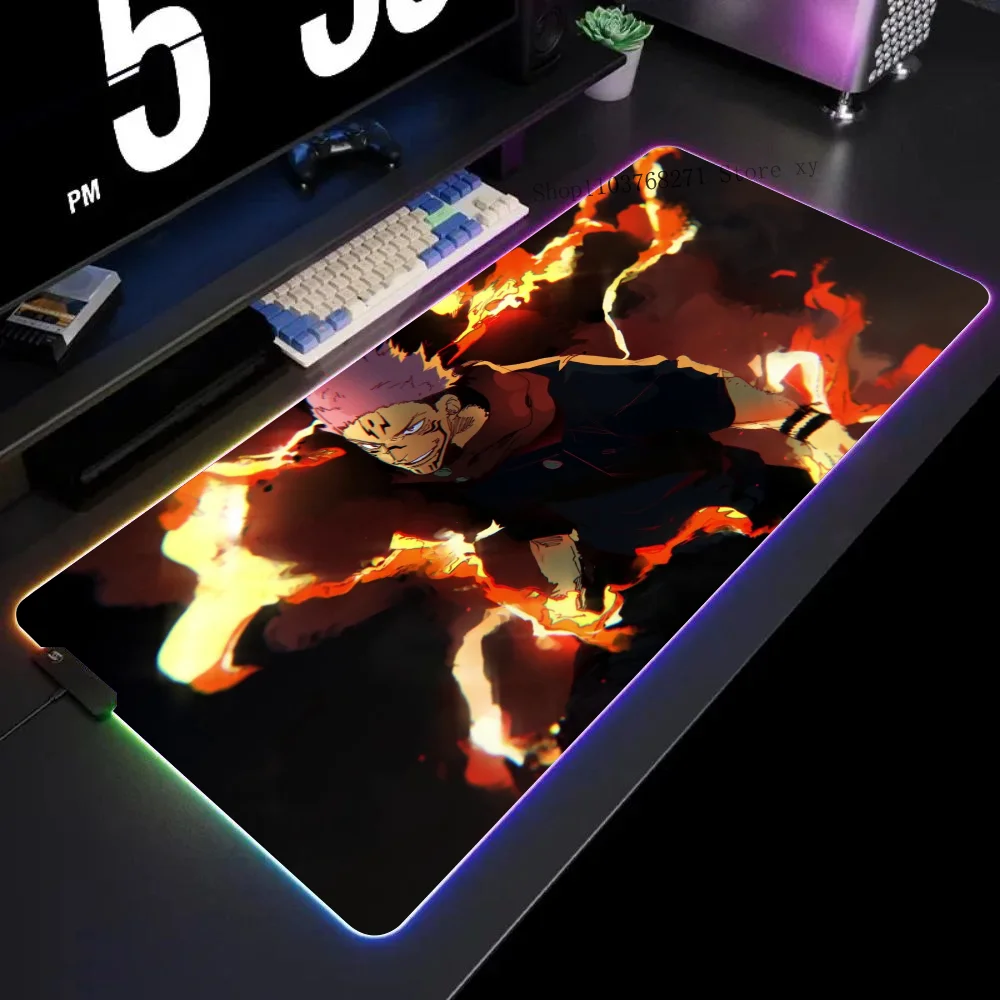 Devine Flame Sukuna Jujutsu Kaisen Mousepad XXL RGB Gaming Mouse Pads HD Black Gamer Accessories Large LED