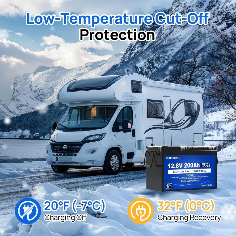 12 فولت 200 أمبير (عبوة من قطعتين) بطارية ليثيوم LiFePO4 ذات دورة عميقة، قطع درجة حرارة منخفضة، مع كحد أقصى طاقة بقدرة 2560 وات في الساعة. BMS مدمج 200A لـ RV Solar