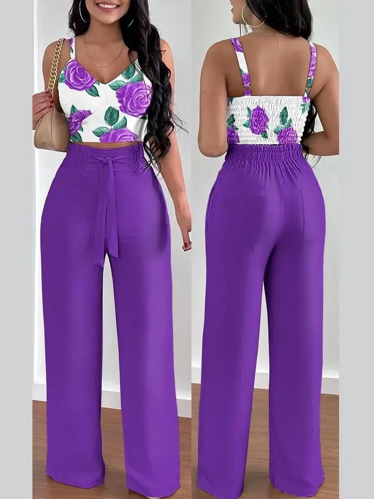 

Women Fashion Print Halter V-Neck Short Tank Suit Tops Long Pants Matching Set Summer Casual Female Slim Pants Two Piece Sets