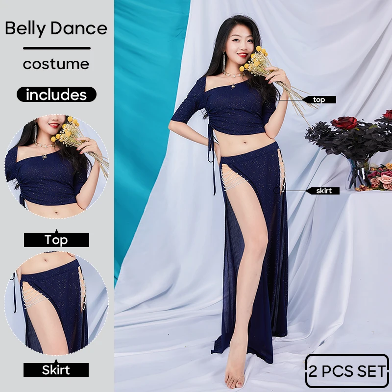 Belly Dance Costume Top and Skirt 2 Pcs Set Sexy Women's Practice Clothes For Adult Women Wear Outfit For Stage Performance