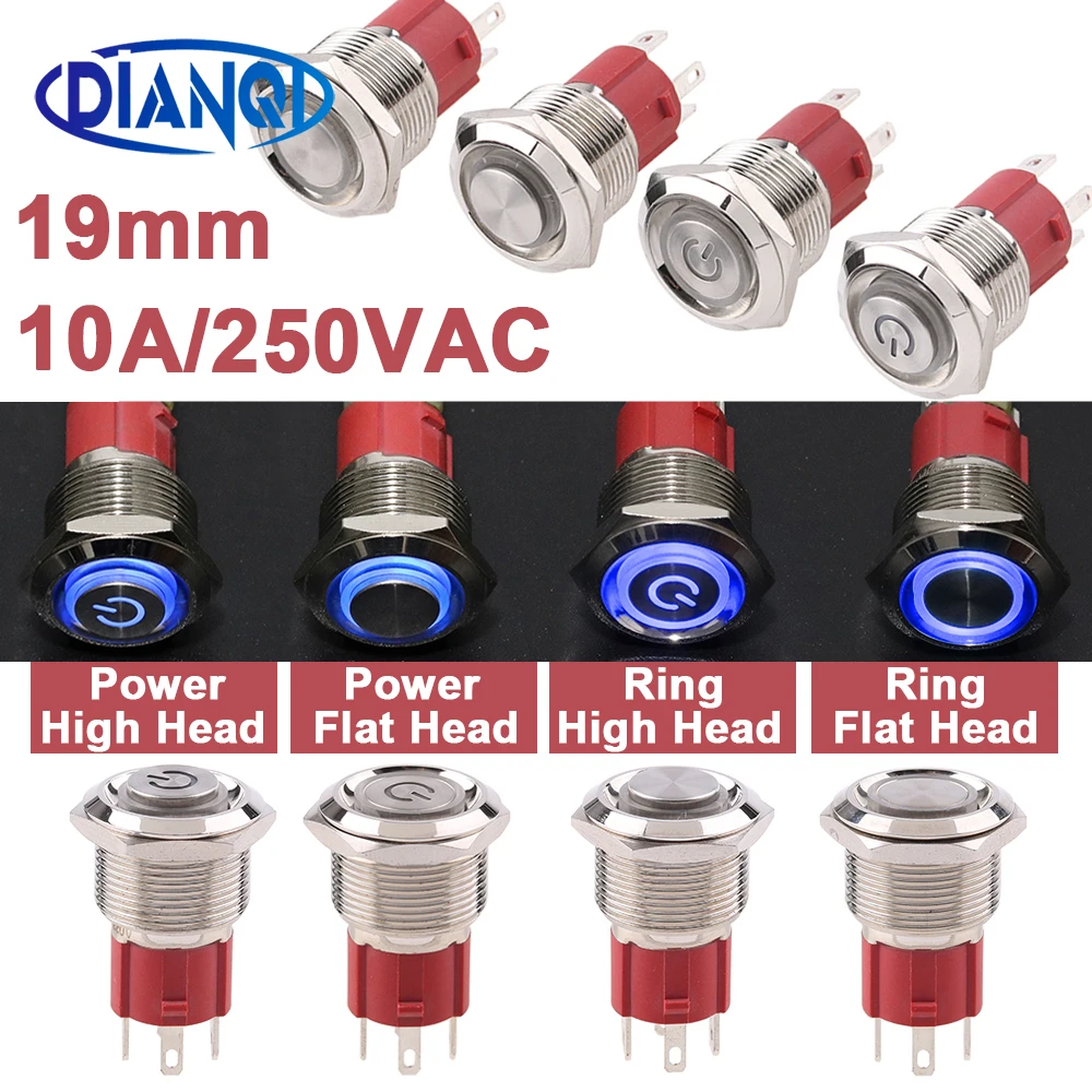 

19mm Waterproof 10a High Current Metal Push Button Switch LED Reset Button Lock Power Switch for Car motor DIY 5v 12v 24v 220v