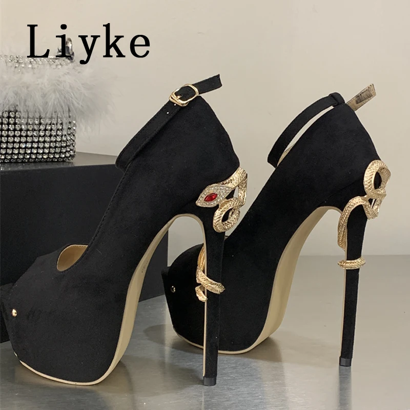 

Летние модные туфли Liyke в форме змеи, очень высокие каблуки, сексуальные туфли с открытым носком для банкетов и вечеринок, платформенные сандалии, женские туфли-лодочки, Zapatos Mujer