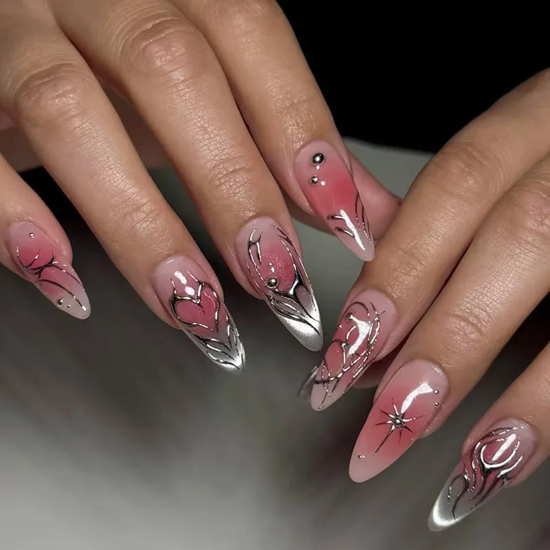 24pcs Gilded Ripple Blush False Nails Tips Sweet Cool Stiletto Press on Nails Long Almond Wearable Stick on Flower Fake Nail Art