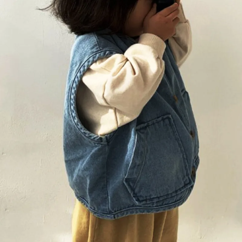 Kinderkleding Kinder Denim Vest 2023 Lente En Herfst Koreaanse Stijl Mode Jongens En Meisjes Zak Losse Casual Denim Vest