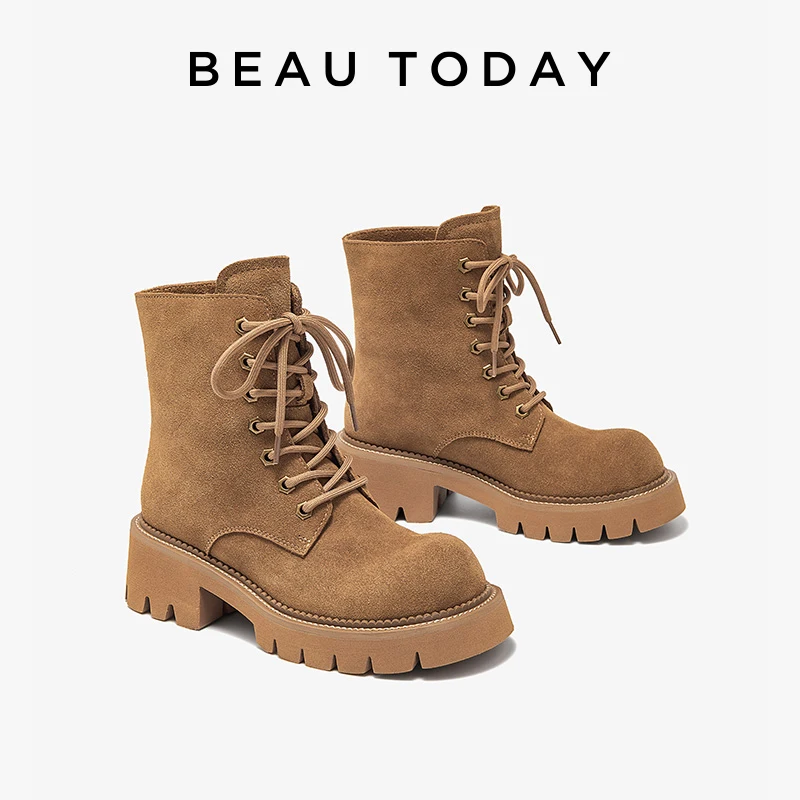 BEAUTODAY żółte botki damskie krowa zamszowe zasznurowane platformy masywne obcasy Outdoor Vintage krótkie botki damskie 04654 — zdjęcie 4